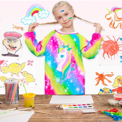 Sylfairy Kids Art Smocks for Painting, Waterproof Artist Rainbow Unicorn Aprons for Children Long Sleeve Toddler Apron Smock with Pocket (Rainbow,Large)
