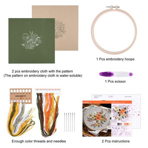 FEPITO 2 Sets Full Range Embroidery Starter Kit with Pattern and Instructions Cross Stitch Kit Includes 2 Pcs Embroidery Clothes with Floral Pattern, 1 Pcs Plastic Embroidery Hoops, 1 Pcs Scissor