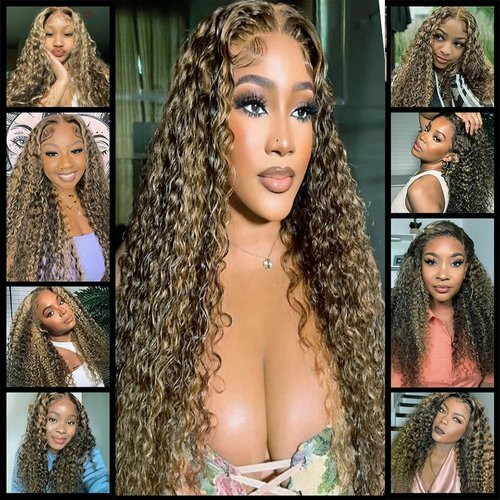 Niciitysi P1B/27 Kinky Curly Bundles Highlight Human Hair Bundles Honey Blonde Curly Wave Bundles 24 26 28 inch Double Weft Brazilian Virgin Remy Hair Extensions Two Tone Black and Blonde Bundles