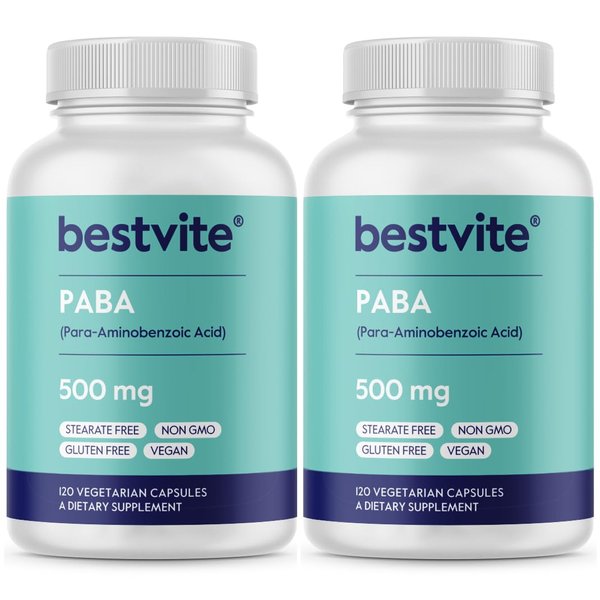 BESTVITE PABA 500mg (240 Vegetarian Capsules) (120 x 2) (para-Aminobenzoic Acid) - No Stearates - Vegan - Non GMO - Gluten Free