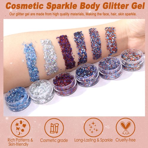 Boko 6pcs Body Glitter Gel, Red White Blue Chunky Glitter Gel for Face Hair Body Makeup, Cosmetic Patriotic Glitter for Flag Party 4 of July Independence Day Olympic Rave Accessories - Flag Heart
