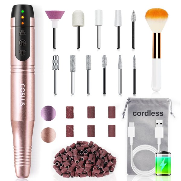 COSLUS Cordless Nail Drill Electric File: Professional Nail Drill Machine Kit for Acrylic Gel Dip Nails Portable for Manicure Pedicure Nail Set with Everything Lightweight for Beginners