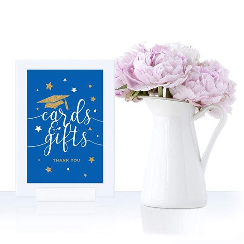 Andaz Press Royal Blue and Gold Glittering Graduation Party Collection, Framed Party Sign, Double-Sided 4x6-inch, Cards & Gifts, 1-Pack, Includes Reusable Frame