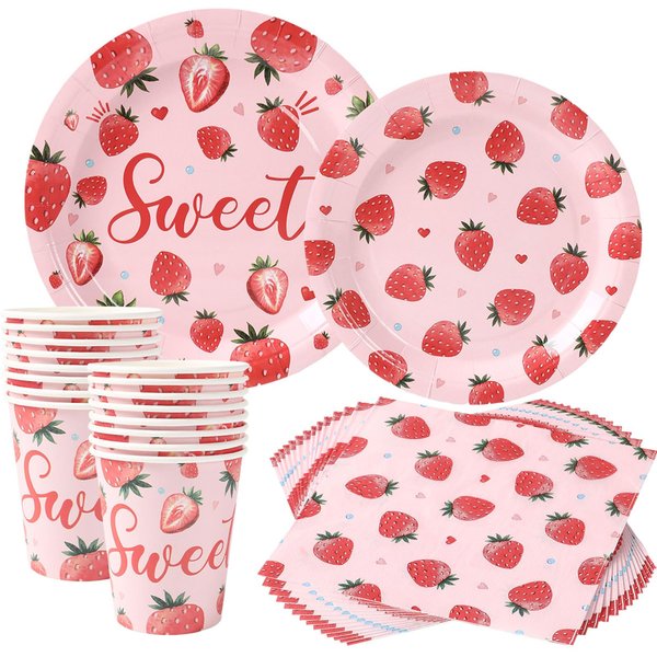 96 Pcs Strawberry Birthday Party Plates - Sweet One Strawberry Paper Plates,Disposable Cups,Napkin Disposable Strawberry Theme Baby Shower Decoration for Girls, Serves 24 Guests