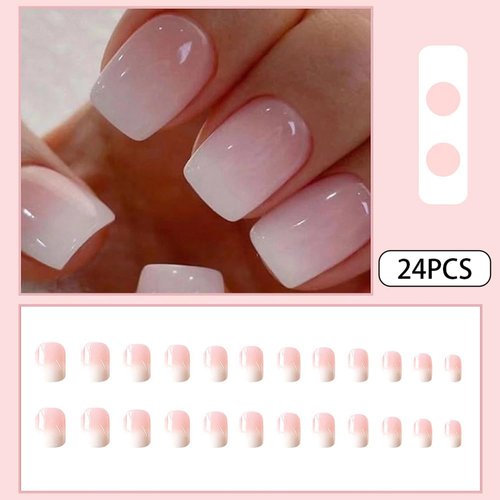 Acrylic Press on Nails Short Square Fake Nails White Ombre Glue on Nails Short False Nails with Gloss Designs Nails Press on Artificial Nails Stick on Nails for Women 24Pcs