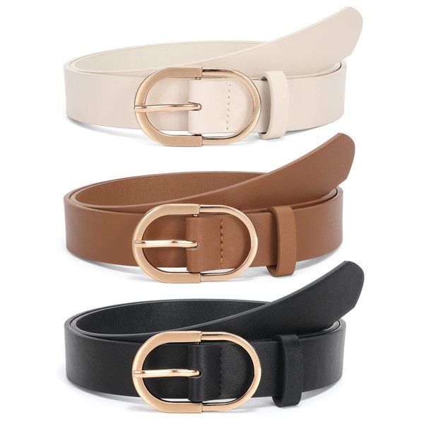 JASGOOD 3 Pack Women’s Leather Belts for Jeans Pants Fashion Ladies Belt with Gold Buckle D-Black+Brown+Beige，Fit Waist Size 25"-31"