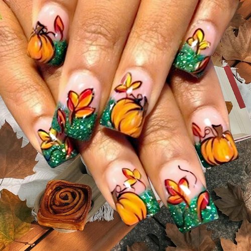LRKNNO Fall Press on Nails Square Medium Fake Nails with Maple Leaf Pumpkins Design Green Glitter French Tip False Nails Fall Glue on Nails Thanksgiving Glossy Acrylic Nails for Women Girls DIY 24Pcs