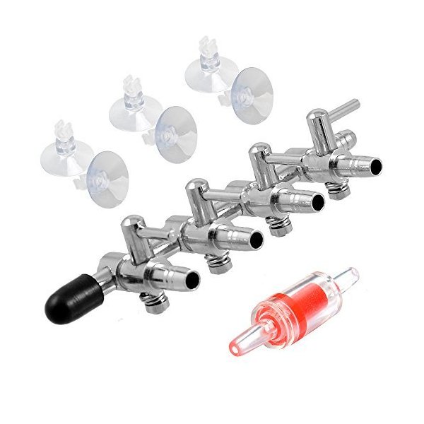 Pawfly 4-Way Aquarium Air Flow Control Lever Valve Manifold for Air Pumps Fish Tank Multi-Port Distributor Splitter with 1 Non-Return Check Valve and 6 Suction Cup Clips