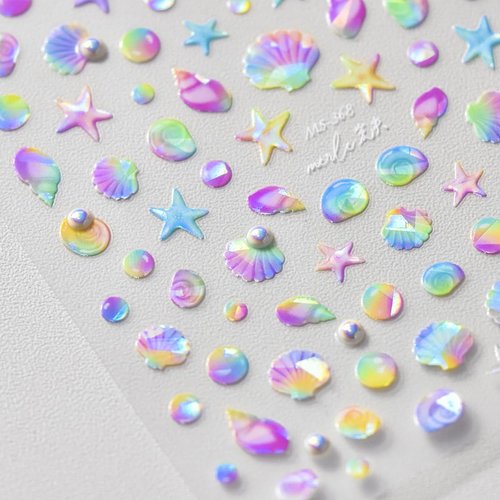 5D Embossed Nail Art Stickers - Shell Starfish Nail Stickers Self Adhesive Summer Nail Decals Cute Ocean Theme Design Colorful Shells Nail Art Supplies for Women Girls DIY Nail Salons