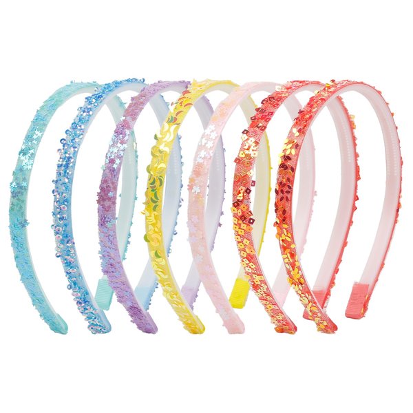WOVOWOVO 7 Packs Girls Headbands Glitter Headbands for Girls Teens Kids Toddler Cute Headbands for Women, Thin Sparkly Plastic Sequin Hair Accessories, Solid Colors