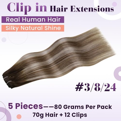 LaaVoo Ombre Clip in Hair Extensions Real Human Hair 18 Inch Dark Brown to Light Brown Balayage Blonde Real Hair Extensions Clip in Human Hair Balayage Clip in Hair Extensions Human Hair 80g 5Pcs