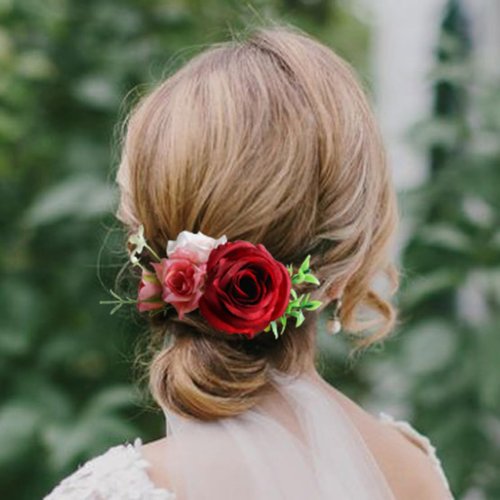 Fangsen Red Berry Rose Silver Gold Eucalyptus Leaf Burgundy Hair Comb Festival Headpiece Christmas Hair Baubles for Holiday Cosplay Women Party (#02)