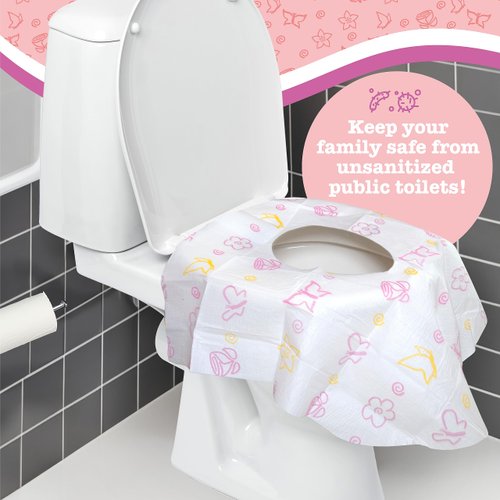 Disposable Toilet Seat Covers for Kids & Adults (40 Pack) Germ Protect from Public Toilets - Waterproof, Individually-Wrapped, Plastic Lined for No Soak Thru, XL to Cover the WHOLE Toilet -Pink/Floral