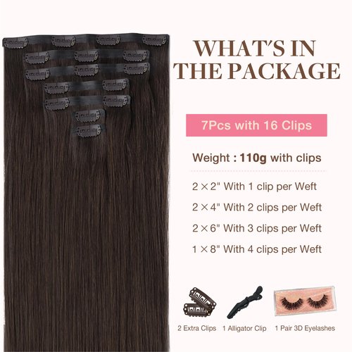 GOO GOO Clip in Hair Extensions Real Human Hair, 16inch 110g 7Pcs, 2A Light Brown, Remy Human Hair Extensions Clip ins for Women, Natural Human Hair