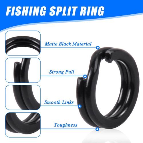 200pcs Split Rings Fishing Saltwater High Strength Stainless Steel Fishing Split Rings Hyper Flat Wire Fishing Tackle Hooks Connector for Jigging Lures Bait Black Color