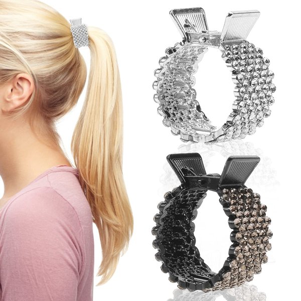 Boobeen 2 Pcs Rhinestone Hair Clip - Ponytail Buckle Hair Clip Nonslip Metal High Ponytail Claw Clip, Strong Hold for Thick Hair - Fashion Accessories for Women and Girls