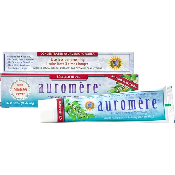 Auromere Ayurvedic Herbal Toothpaste, Cinnamon - Vegan, Natural, Non GMO, Fluoride Free, Gluten Free, with Neem & Peelu (3.57 oz), 1 Pack