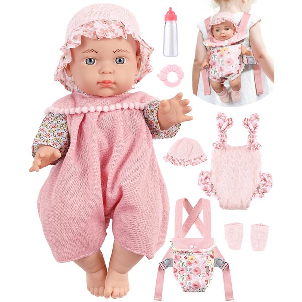 12" Baby Doll Set with Carrier for Little Girls Baby Dolls Set Included Doll Carrier, Bottles,Nipple,Teether,Socks,Hat,Clothes Set First Baby Dolls for Age 3+ Baby Toddlers and Up Girls Gift