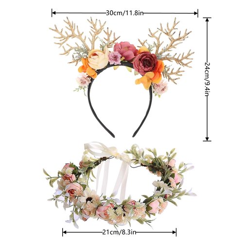 GRAFARMI 2 Pack Floral Deer Antlers Crown Headband Reindeer Antler Flower Hair Hoop Flower Hair Accessories for Brides Women Girls Valentine's Day Weddings Graduation Party Supplies