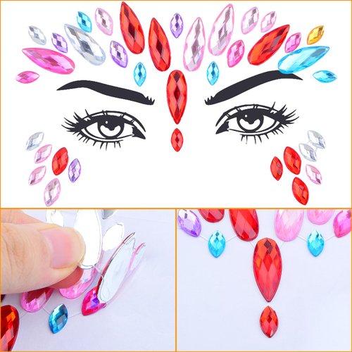 6 Sheets Acrylic Colorful Face Diamond Stickers Stick on Eyes Body Nails and 2 Sheets Mixed Color Self-Adhesive Waterdrop Sun Flower Rhinestone Stickers Gems for DIY Makeup Nail Art Decor
