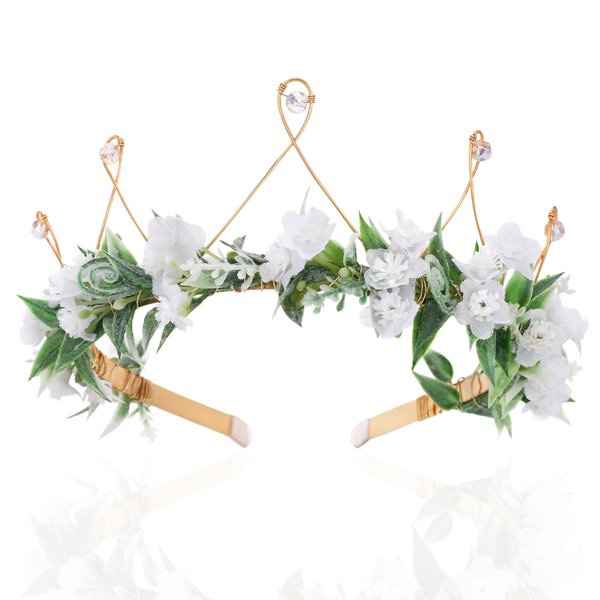 KorViSHOW Princess White Flower Crown - Green White Tiaras Floral Headband Woodland Crystal Fairy Headpiece for Women Girl Maternity Bridal Wedding Renaissance First Communion Costume Accessories