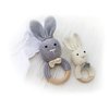 Natural Wooden Baby Toys Cotton Crochet Bunny Teething Ring Teether Rattle Set of 2 Newborn Unisex Baby (Grey Mama White Baby)