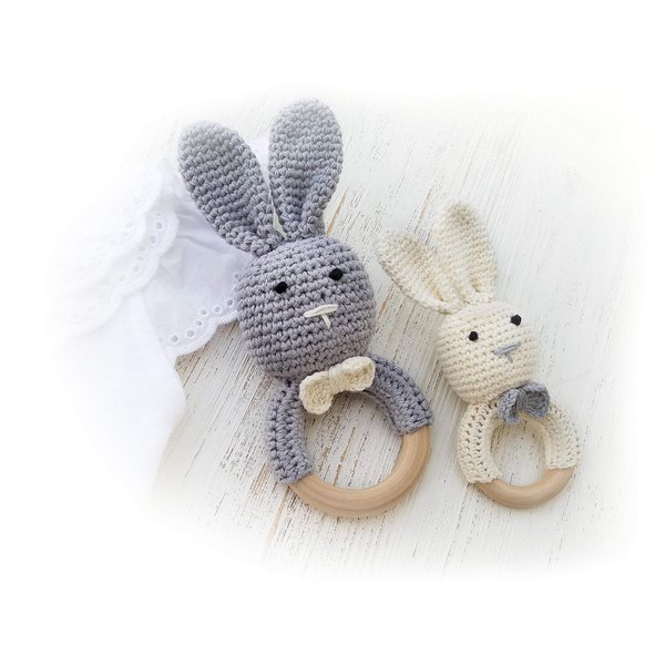 Natural Wooden Baby Toys Cotton Crochet Bunny Teething Ring Teether Rattle Set of 2 Newborn Unisex Baby (Grey Mama White Baby)