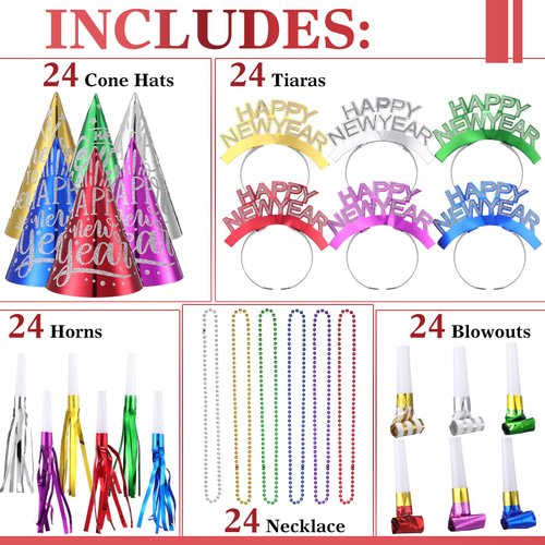 Foilswirl 120 Pcs New Years Eve Party Supplies 2025 Happy New Year Cone Hats Glitter Headband Tiara Beaded Necklace Tassel Squawkers Curled Squawkers(Red, Green, Gold, Blue, Purple, Silver)