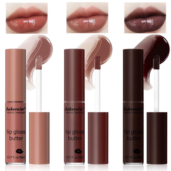 HOSAILY 3 Colors Lip Butter Gloss, Hydrating Lip Glow Oil Lip Glaze, Brown Sugar Nourishing Lip Tinted Gloss Lip Care, Non-Sticky Long Lasting Lip Plumper Gloss Makeup (4+11+13)