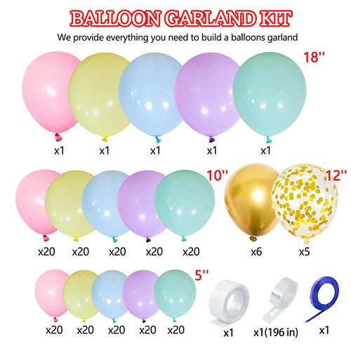 KAWKALSH 219Pcs Rainbow Balloons Garland Arch Kit Different Sizes Latex Balloons Assorted Pastel Party Balloons Arch for Birthday Baby Shower Wedding Engagement Anniversary Party Decorations