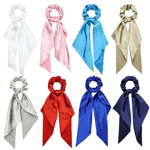 Lawie 8 Pack Colorful Solid Satin Long Ribbon Knotted Hair Bows Scrunchies Hair Ties Ponytail Holder Headbands Elastics Rubber Hairbands Bubbles Rings Accessories for Women