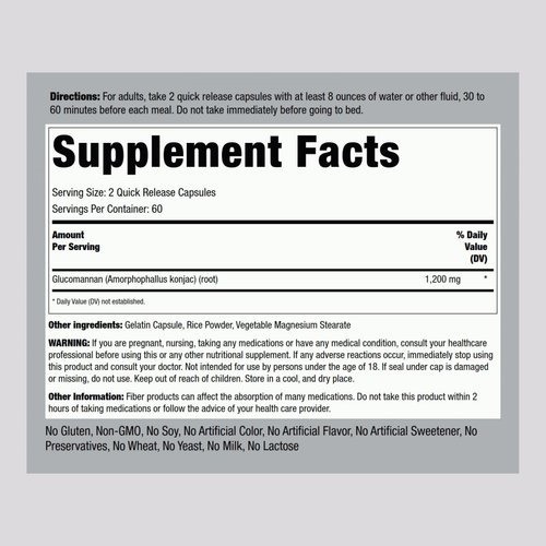 Piping Rock Glucomannan Capsules 600mg | 120 Pills | Konjac Root Fiber Supplement | Non-GMO, Gluten Free