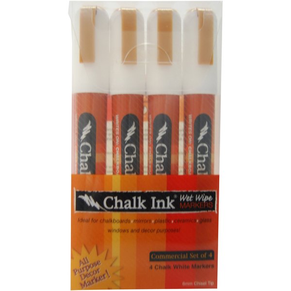 Chalk Ink 6mm Commercial Wet Wipe Markers, 4-Pack, White (6mmComm4WW)