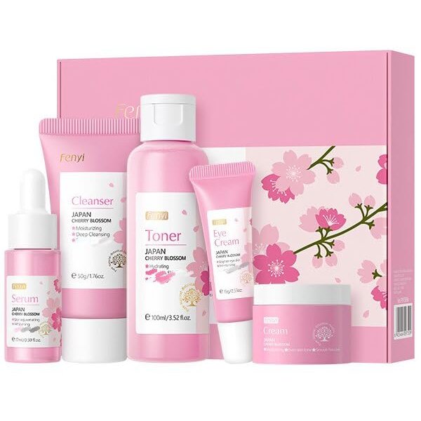 Cherry Blossom Skin Care Kit - Skincare for Girls 10-12 - Hydrating Travel Essentials - Travel Kit with Travel Face Wash, Essence, Toner,Cream & Eye-cream - Skin Care Sets & Kits Gift Set for Women