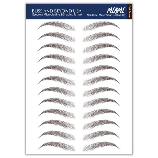 Bliss and Beyond USA | Waterproof Eyebrow Tattoo Stickers. A real hair stroke look. Hair replacement without surgery. Solution for hair loss. Bushy Tinted eyebrow tattoos. (New Miami, Dark Brown)