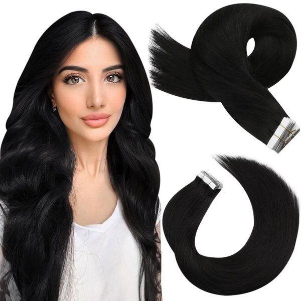 Moresoo Tape in Hair Extensions Black Human Hair Tape in Extensions Natural Black Hair Extensions Real Human Hair Tape in Invisible PU Tape in Hair Extensions Human Hair 20 Inch #1B 20pcs 50g