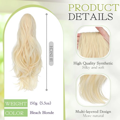 Cephermer Ponytail Extension Claw 18" Natural-Looking Synthetic Wavy Long Pony Tails Hair Extensions Bleach Blonde Clip-In Hairpiece for Women