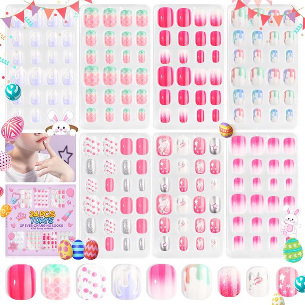 Saviland 168Pcs 7 Pack Press on Nails for Kids Children Fake Nails Stick on Nails Pre-glue Full Cover Glitter Gradient Color Star Short Acrylic Nail Tips Nail Art Gifts for 8-12 Year Old Kids Girls