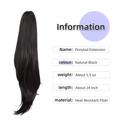 ponytail extension,24" claw clip hair extensions ponytail Long straight hair Hair Extension Natural Looking Synthetic Hairpiece for Women Natural Black