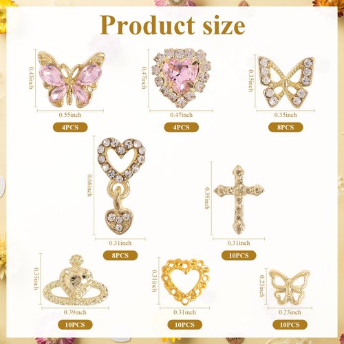 Eliongpu 64Pcs Butterfly Nail Charms for Acrylic Nails Gold 3D Cross Nail Charms Heart Nail Gems for Nails Dangle Heart Charms Luxury Nail Decoration Accessories for Manicure Design (Gold)