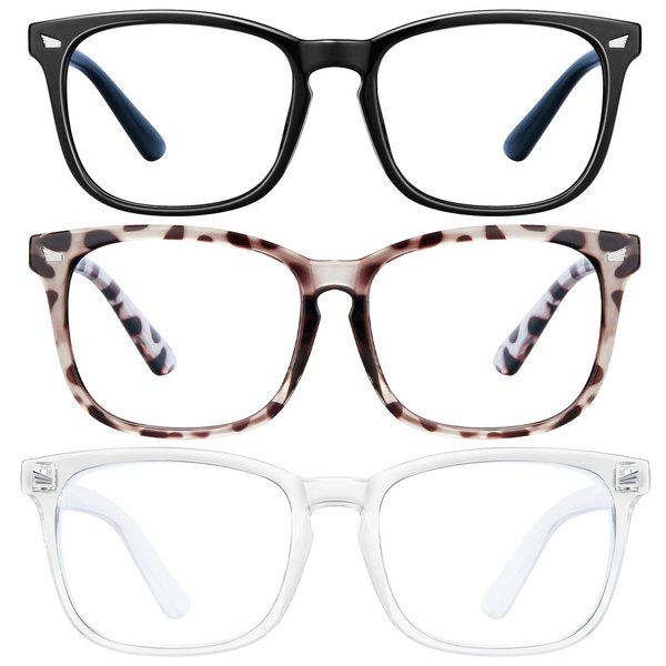 hunsquer Blue Light Blocking Glasses - Women/Men 3Pack Computer Reading Gaming Anti Eyestrain Blue Light Glasses Non Prescription (8068 3pack black+douhua+toumin)