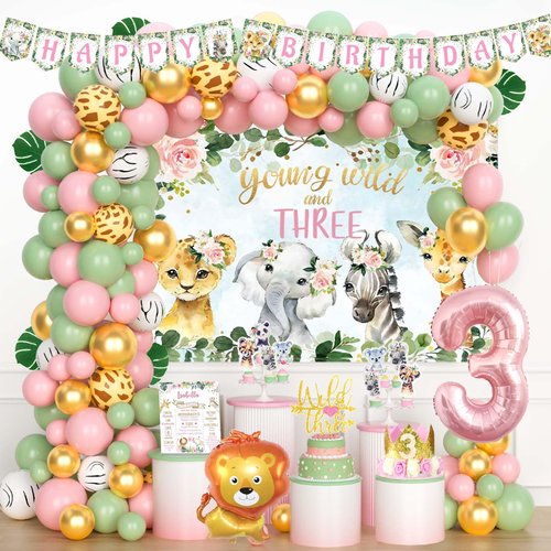 Fiesec Young Wild and Three Decorations Girl, Jungle Safari Animal Theme 3rd Party Decorations Backdrop Balloons Banner Cake Cupcake Topper Poster Crown Lion Cheetah Giraffe Pink 117 PCs