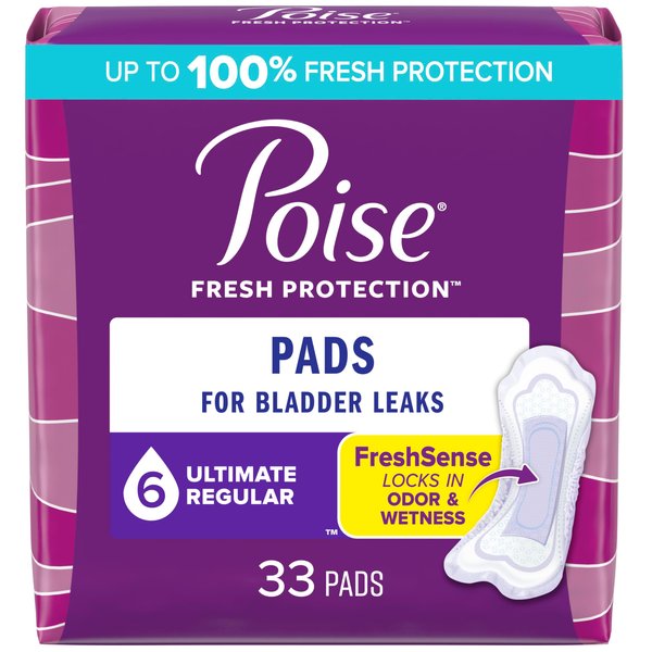 Poise Incontinence Pads & Postpartum Incontinence Pads, 6 Drop Ultimate Absorbency, Regular Length, 33 Count, Packaging May Vary