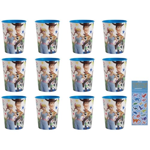 Unique Toy Story 4 Movie Plastic Reusable Cups 16oz - 12 Plastic Cups and 1 Dinosaur Sticker Sheet
