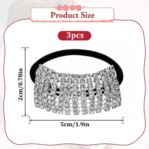 3 Pcs Rhinestone Ponytail Holder, Elastic Hair Tie, Sparkling Crystal Rhinestone, Rhinestone Hair Ties, Fancy Crystal Hair Ties, Headband Hair Accessories for Women Girls (Silver Style)