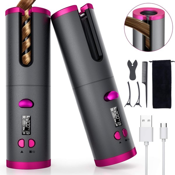 Fezax Cordless Automatic Hair Curler, Ceramic Roller Curling Iron with LCD Display Adjustable Heating Temperature and Time, Auto Rotating Barrel Curling Wand for Short&Medium&Long Hair Styling