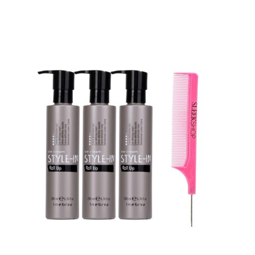 Kuss Comb + Inebrya Ice Cream Style In Roll Up Curl Defining Cream (6.76 oz) with Teasing Comb Pack of 3
