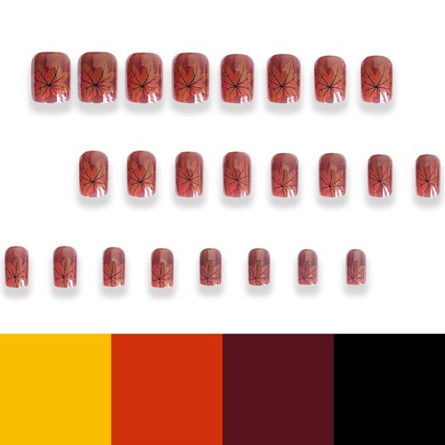 Thanksgiving Press on Nails Square Short Length Glossy Full Cover Acrylic Square False Nails with Maple Leaf Designs Artificial Autumn Leaves Fake Nails Holiday Glue ons Fingernails for Women(Y08)