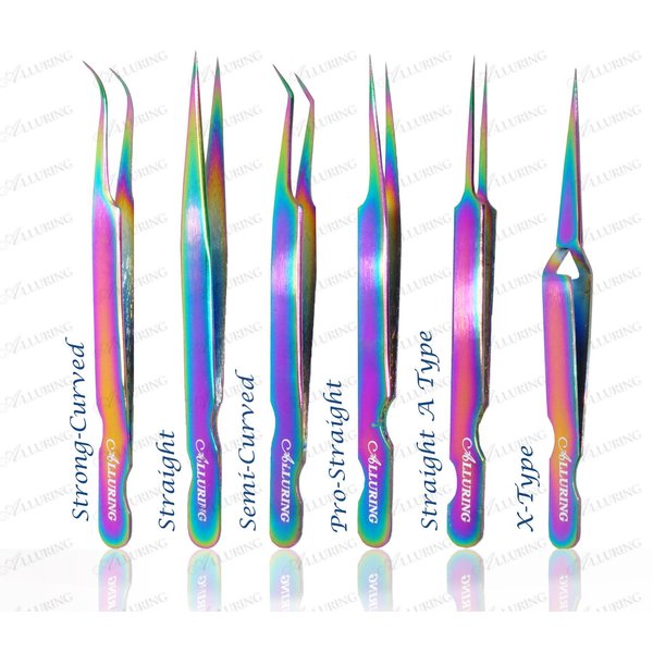 Alluring Rainbow Multi-Color Tweezers for Eyelash Extension (Straight & Strong Curved)