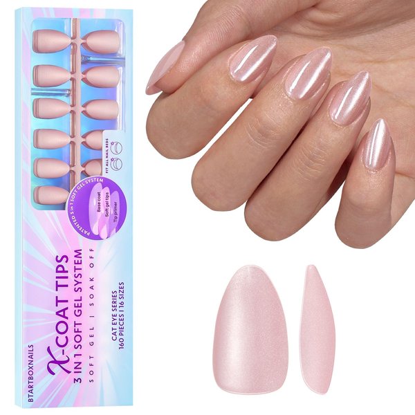 Almond Press On Nails - BTArtboxnails Short Nail Tips, Cat Eye XCOATTIPS Pre-applied Tip Primer, Soak Off Acrylic Fake Nails Glue On Nails In 16 Sizes - 160 Nail Extension, Bling Baby